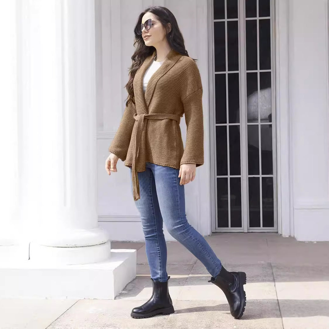 Damen Strickjacke mit Bindegürtel und lässigem Schnitt EB