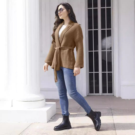 Damen Strickjacke mit Bindegürtel und lässigem Schnitt EB