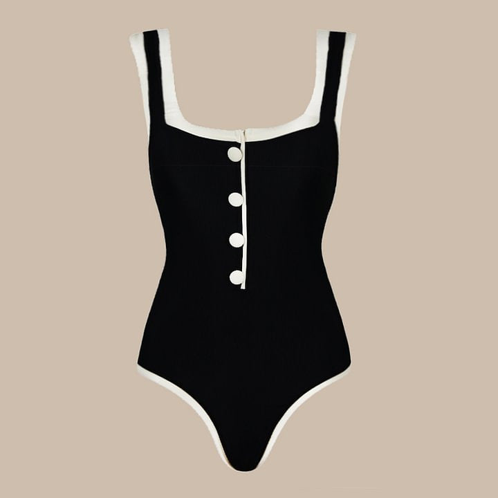 Damen einteiliger Badeanzug mit klassischen Knopfdetails EB