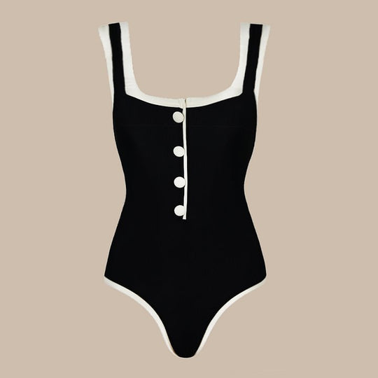 Damen einteiliger Badeanzug mit klassischen Knopfdetails EB