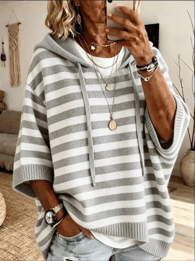 Damen nan Oversize Strickponcho mit Kapuze und kurzen Ärmeln EB