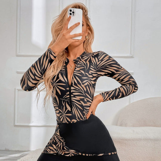 Damen Sportlicher Langarm-Badeanzug mit floralem Muster EB