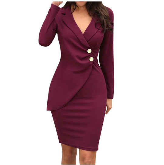 Damen elegantes Wickelkleid mit dekorativen Knopfdetails und tailliertem Schnitt EB