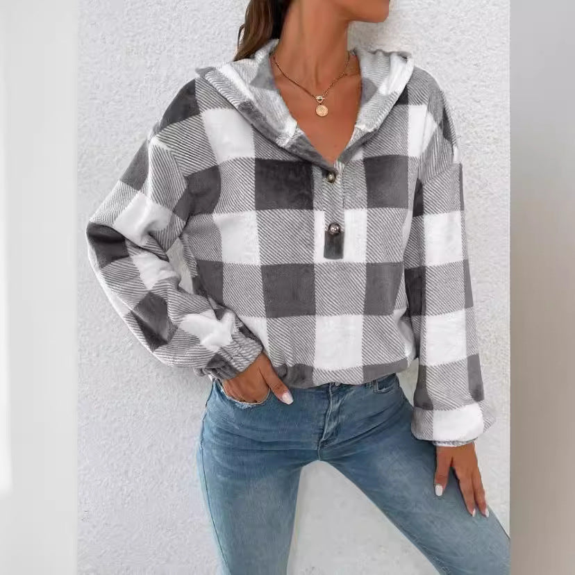 Damen Gemusterte Karo-Hoodie-Bluse EB