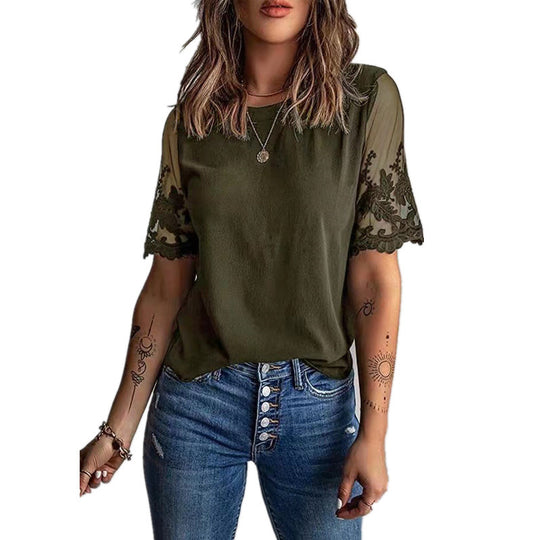 Damen Elegantes T-Shirt mit Spitze an den Ärmeln EB
