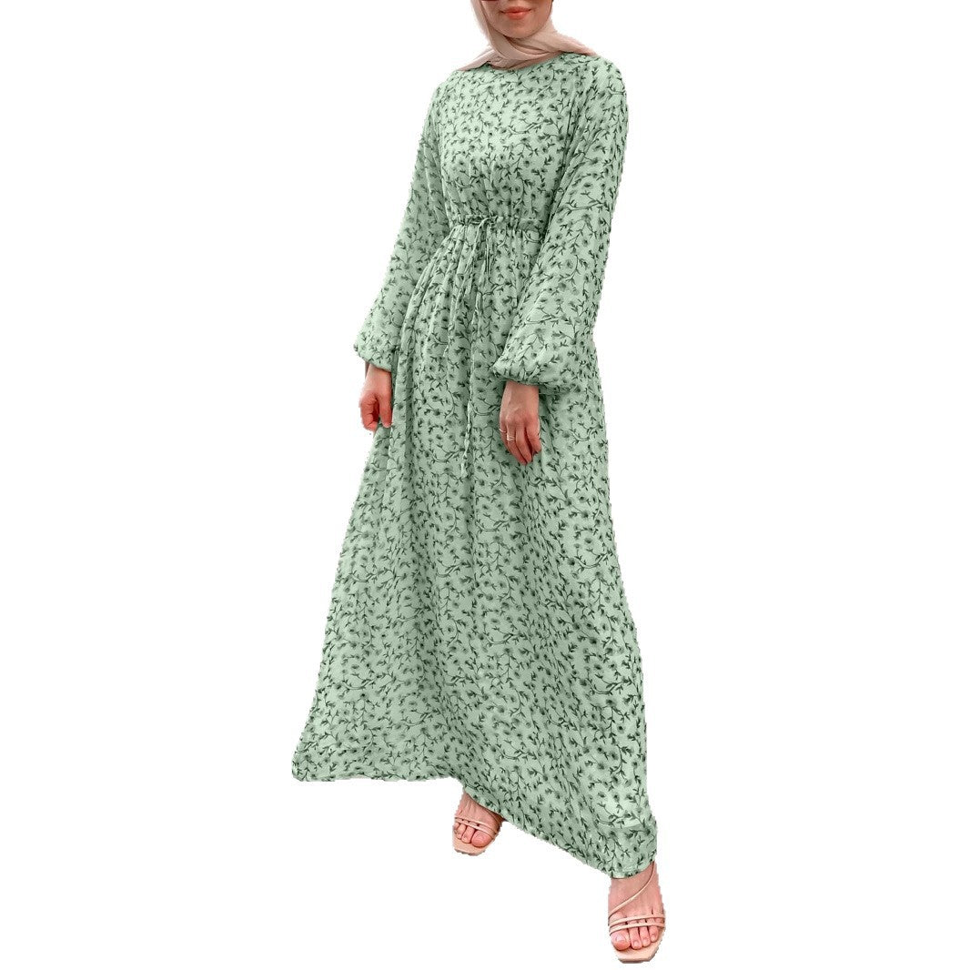 Damen Geblümtes Maxikleid mit Kordel-Taille und Ballonärmeln EB