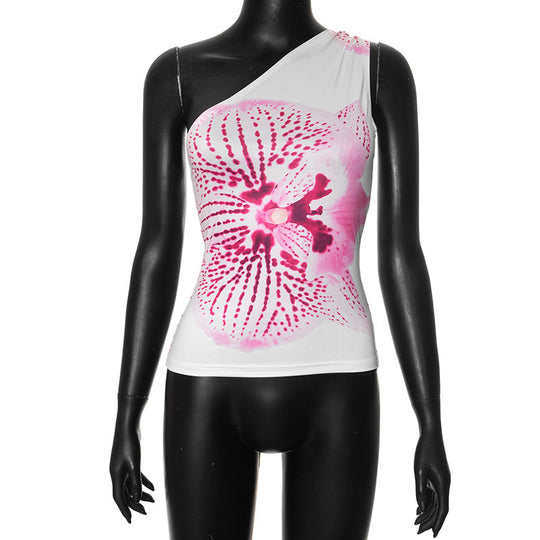 Damen asymmetrisches Trägershirt mit floraler Druckgestaltung EB