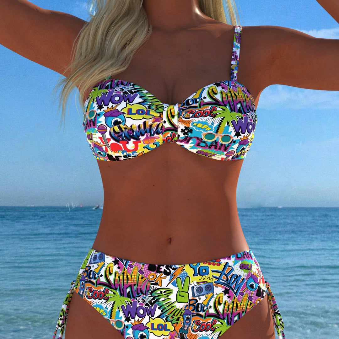 Damen Bandeau-Bikini mit hoch taillierten Höschen und lebhaftem Paisleymuster EB