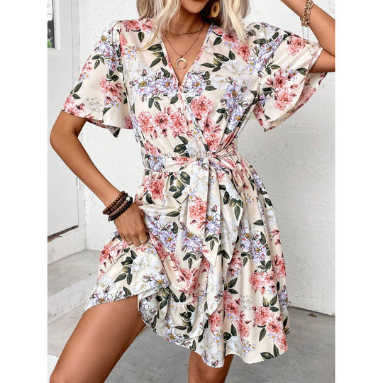Damen Blumengemustertes Wickelkleid mit Taillengürtel EB