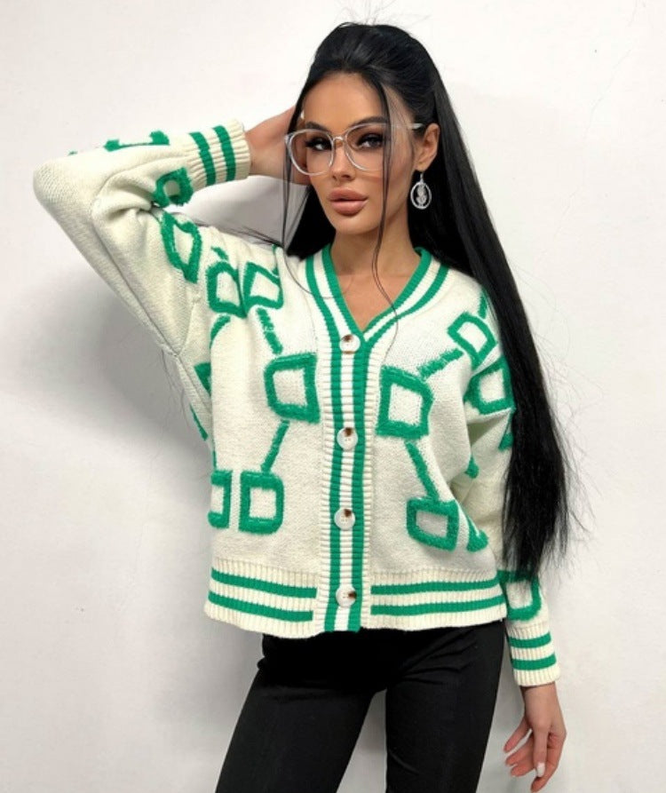 Damen Strickjacke mit grafischem Muster und Knopfdetails EB