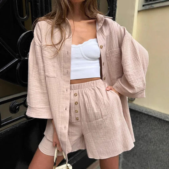 Damen nan lässiges Musselin-Zweiteiler Set mit Oversize-Hemd und elastischer Highwaist-Shorts EB