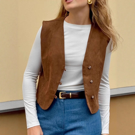 Damen Modische Wildlederweste mit eleganten Knopfdetails EB