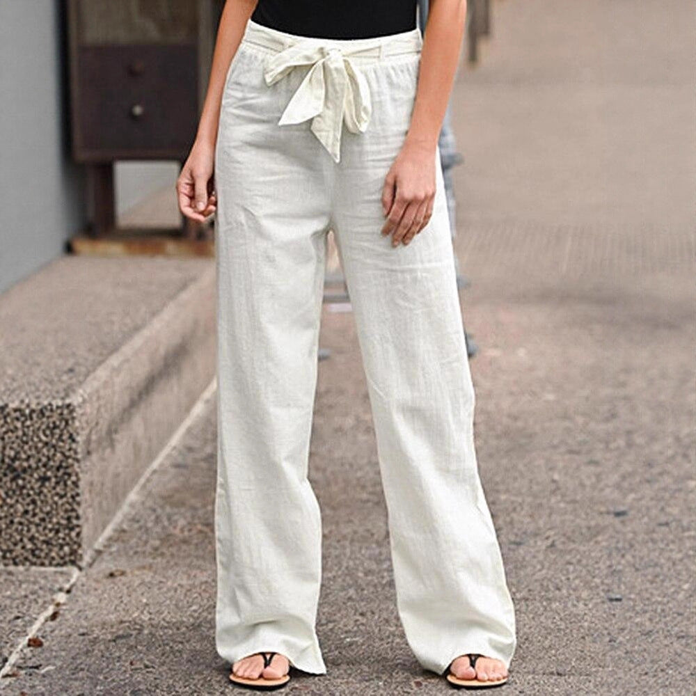 Damen Weite Lounge-Hose mit hohem Gummibund und dekorativem Bindeband EB