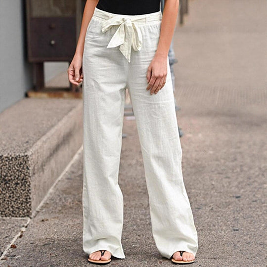Damen Weite Lounge-Hose mit hohem Gummibund und dekorativem Bindeband EB