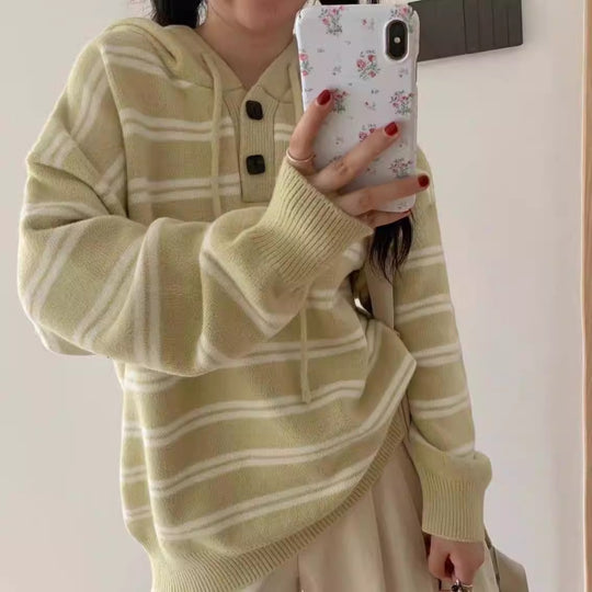 Damen lässiger Streifenpullover mit Knopfleiste und Kapuze EB