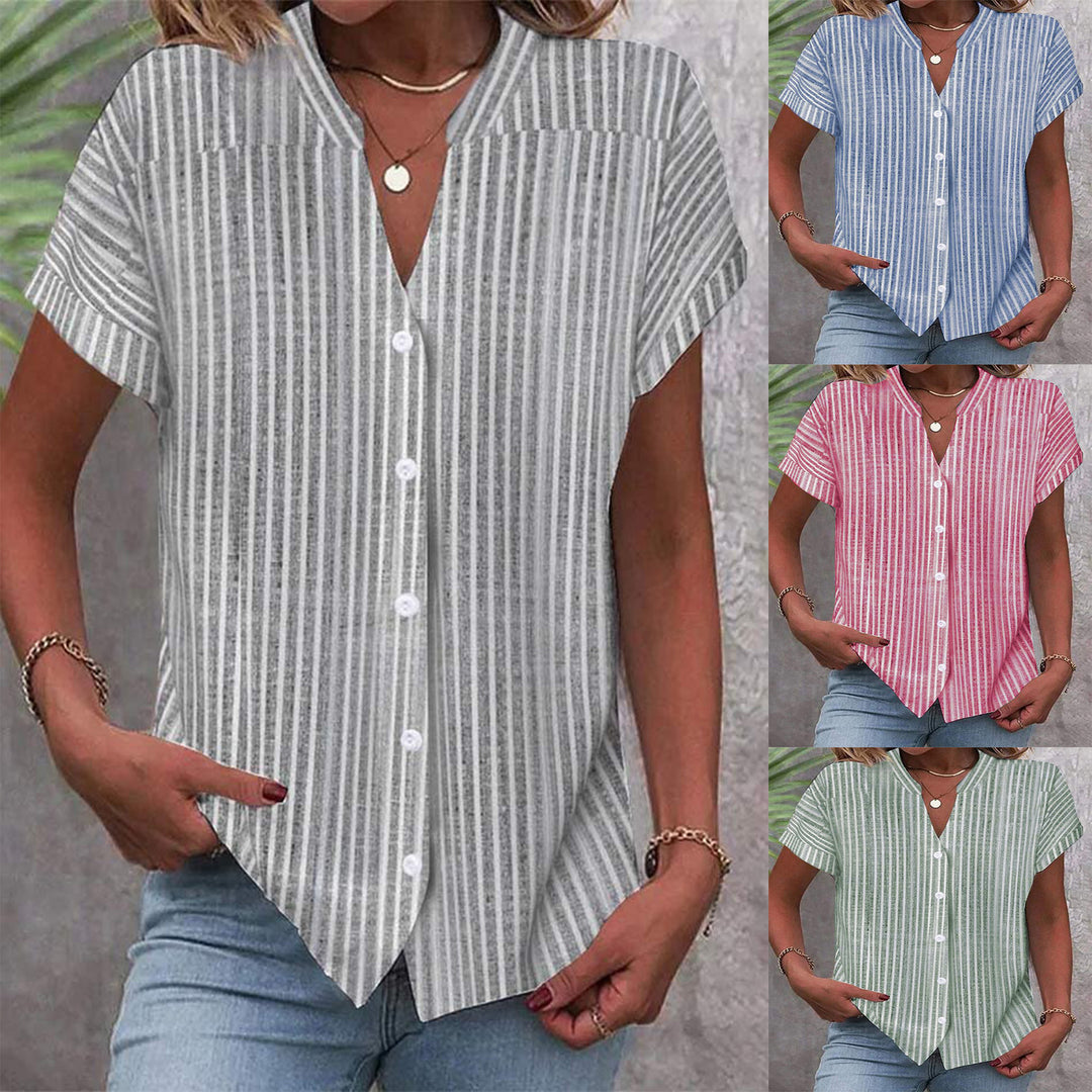 Damen Kurzarm-Bluse mit V-Ausschnitt und Streifenmuster EB