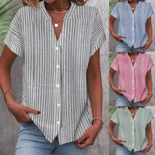 Damen Kurzarm-Bluse mit V-Ausschnitt und Streifenmuster EB