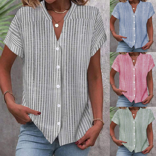 Damen Kurzarm-Bluse mit V-Ausschnitt und Streifenmuster EB