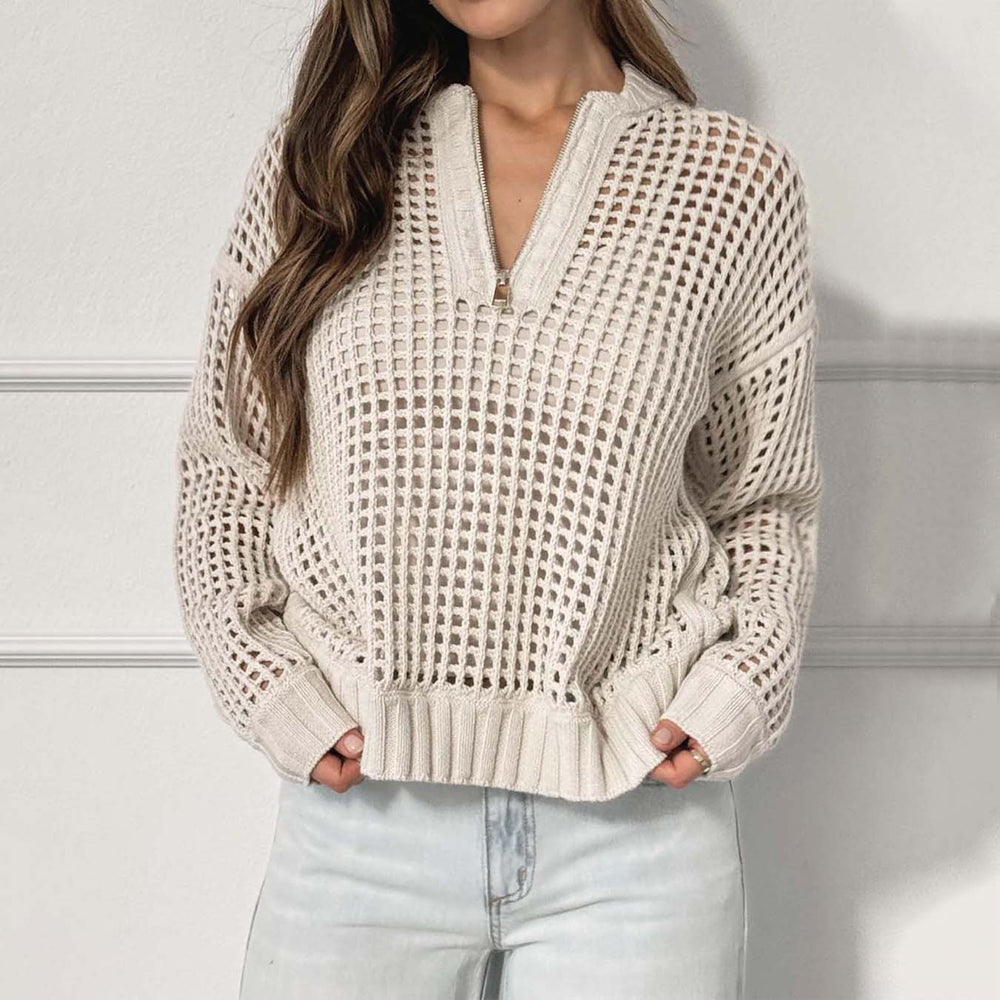 Damen lockerer Strickpullover mit Reißverschluss und luftiger Maschenstruktur EB