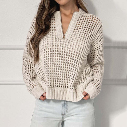 Damen lockerer Strickpullover mit Reißverschluss und luftiger Maschenstruktur EB