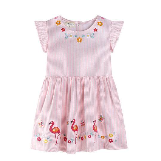 Mädchen Sommerkleid mit floralem Design und verspielten Flamingo-Applikationen EB