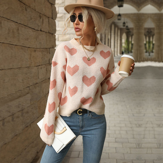 Damen Strickpullover mit Herzmuster und lässigem Schnitt EB