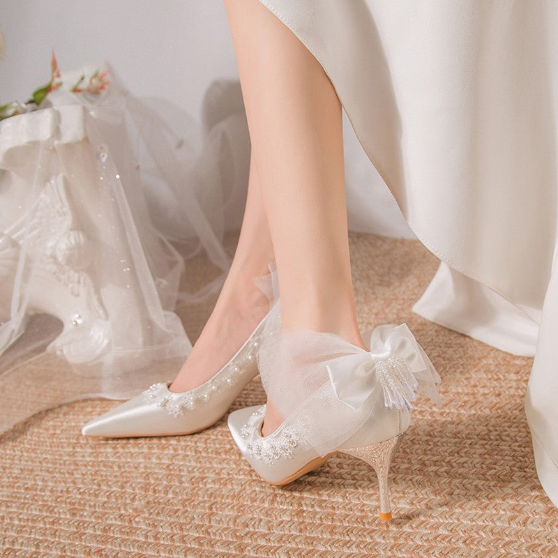 Damen Elegante High Heels mit zartem Spitzen- und Schleifendetail EB