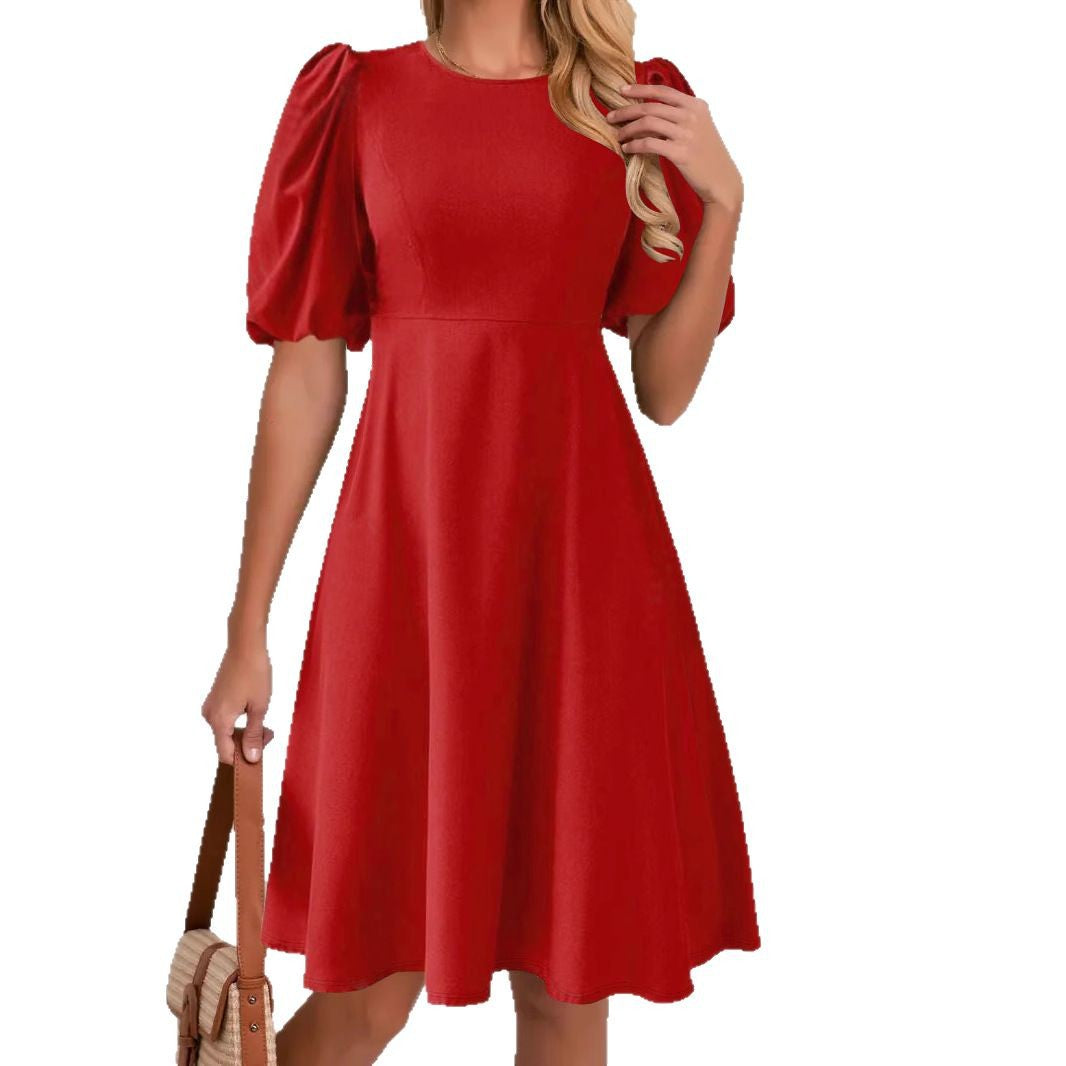 Damen Puffärmel Kleid mit fließendem Schnitt und Taillenbetonung EB
