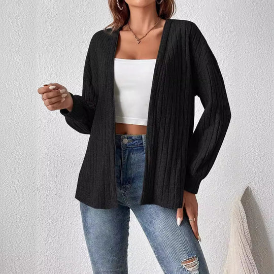 Damen Strickjacke mit tiefem V-Ausschnitt und strukturierter Rippoptik EB
