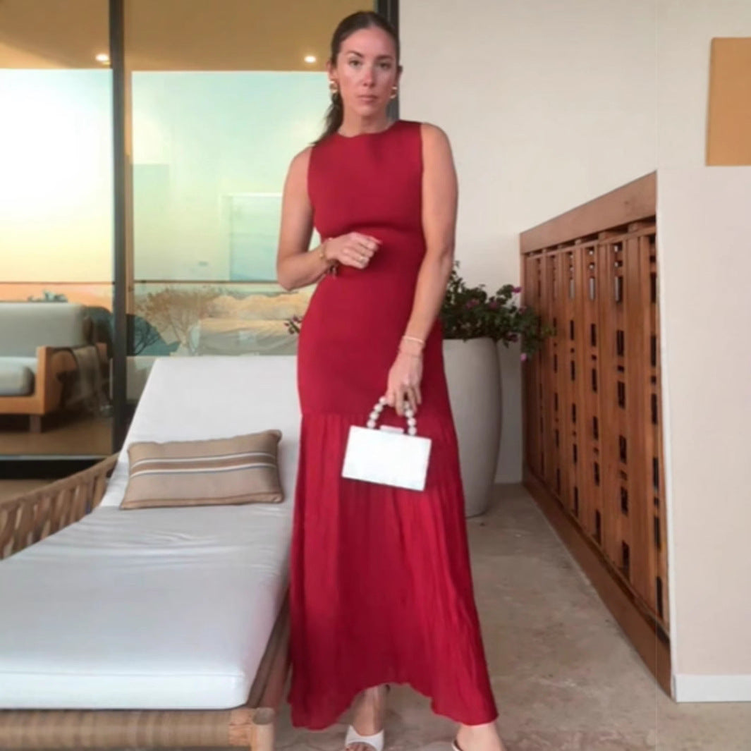 Damen ärmelloses Maxikleid mit elegantem Rüschensaum EB