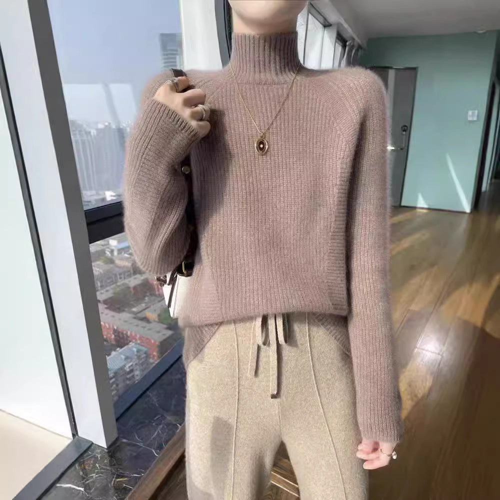 Damen Strickpullover mit hohem Kragen und feiner Rippstruktur EB