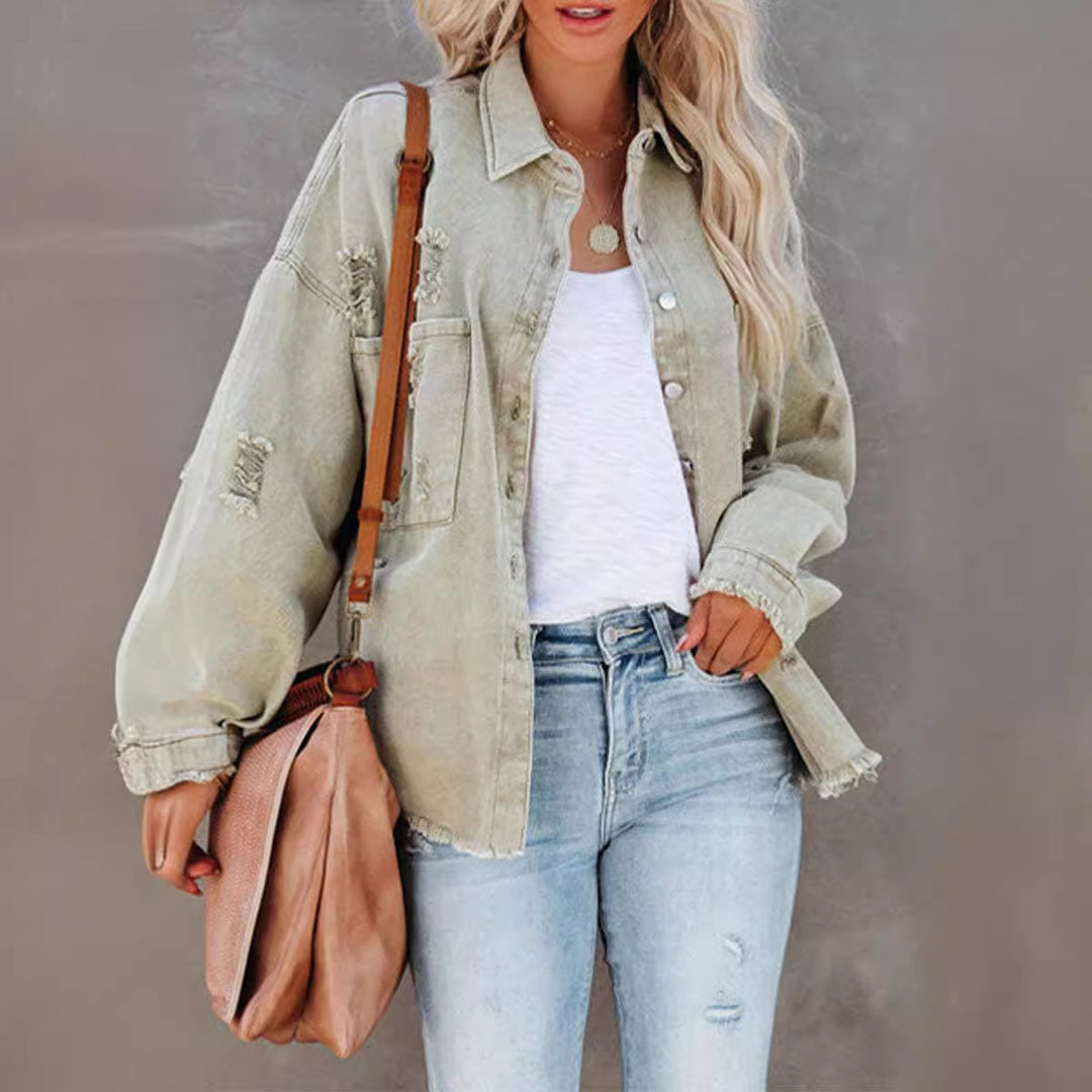 Damen Oversize Denimjacke mit Raffung und fransigem Saum EB