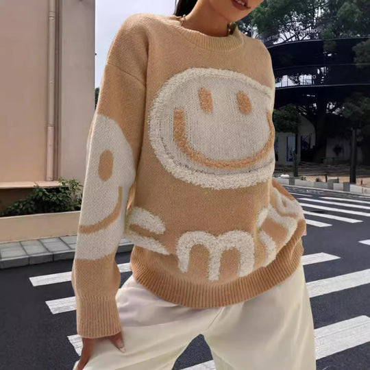 Damen Strickpullover mit fröhlichem Emoji-Motiv und komfortablem Schnitt EB