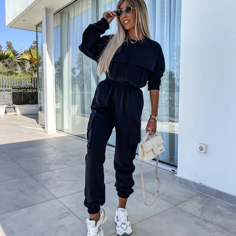Damen Cargo-Loungewear-Set aus weicher Baumwollmischung mit hoher Taille und aufgesetzten Cargo-Taschen EB