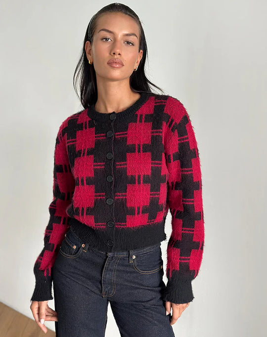 Damen cropped Strickjacke mit modernem Karomuster und knöpfbarem Design EB