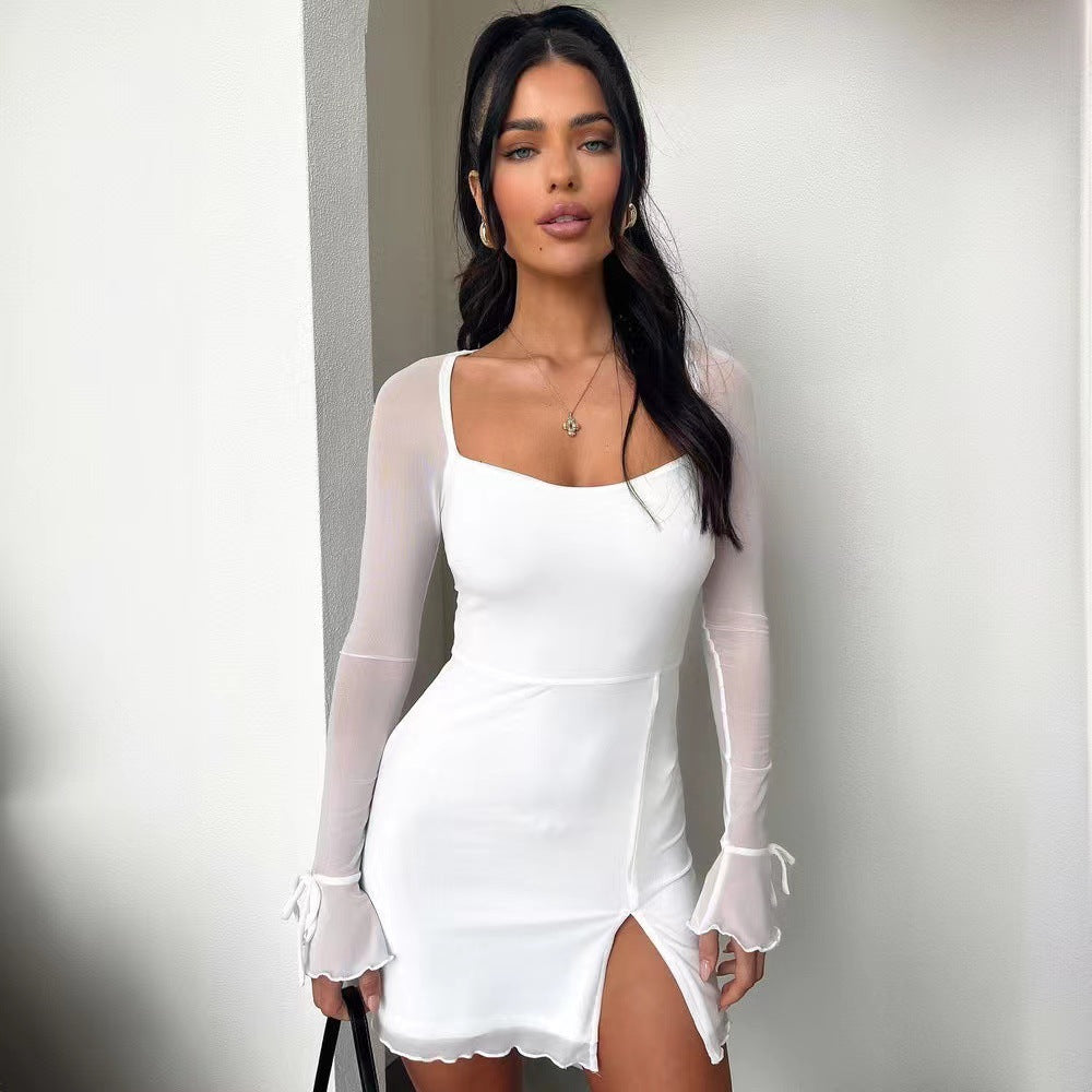 Damen Minikleid mit transparenten Ärmeln und seitlichem Schlitz EB