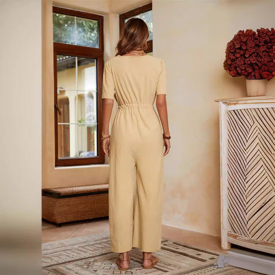 Damen lässiger Jumpsuit mit Taillengürtel und weitem Bein EB