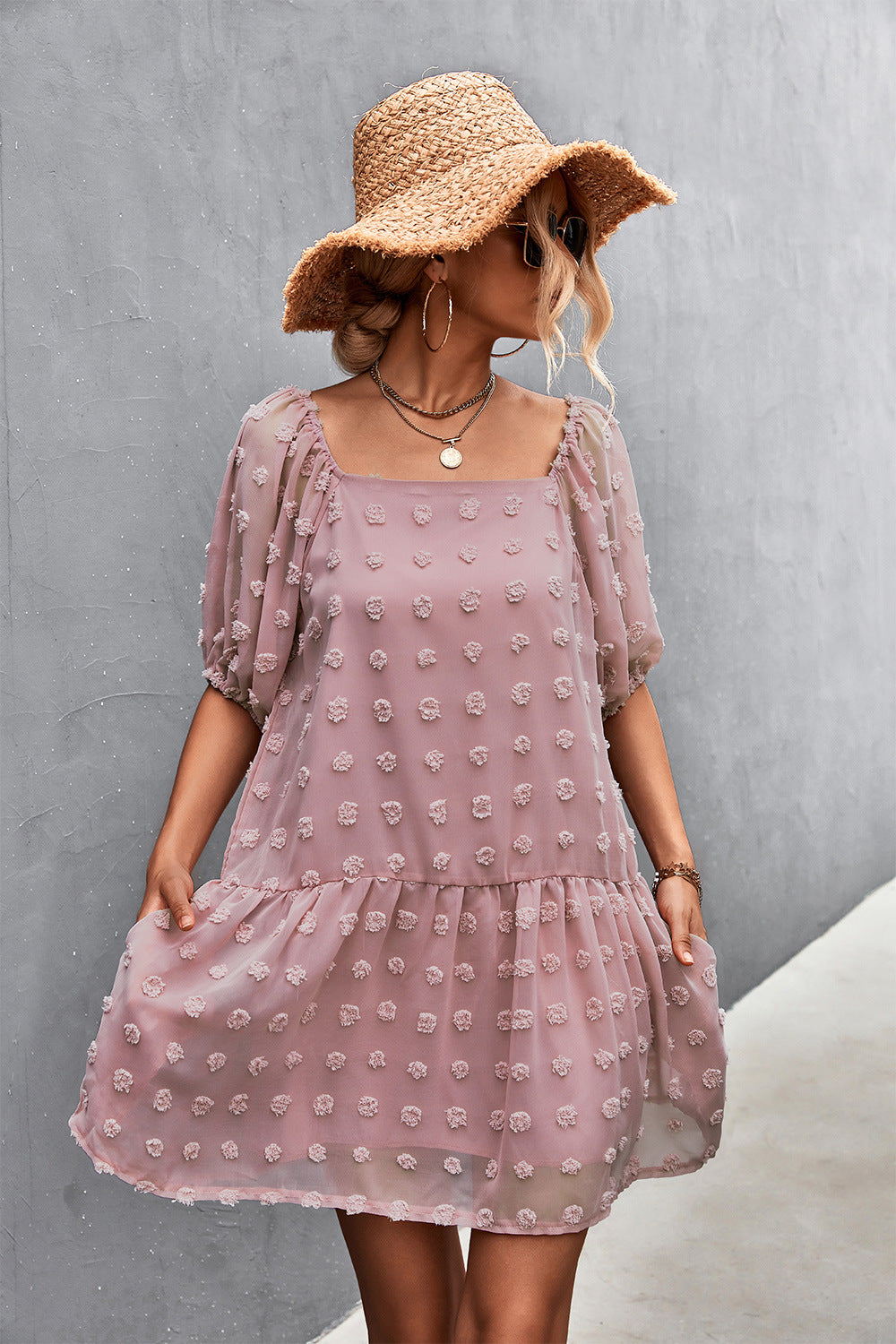 Damen Fließendes Minikleid mit 3/4-Ärmeln und verspieltem Rüschendesign EB