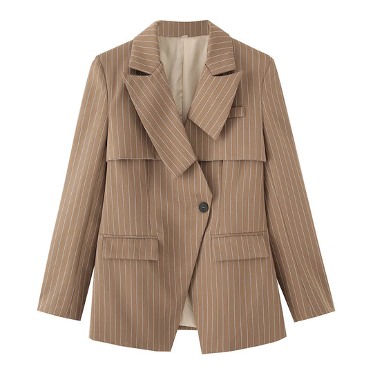 Damen gestreifte Blazerjacke mit elegantem Kragen und praktischen Taschen EB