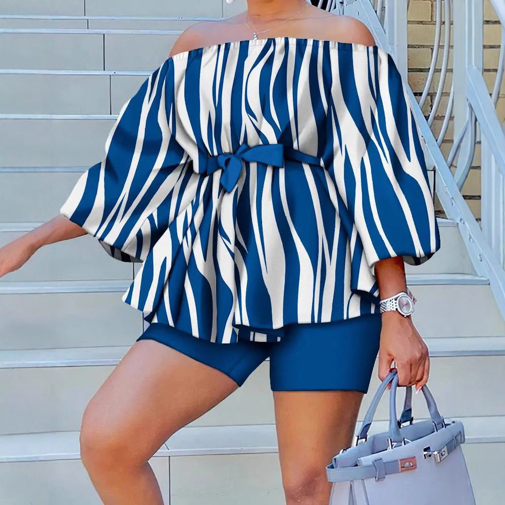 Damen Off-Shoulder Tunika mit weiten Ärmeln und elastischem Taillenband EB