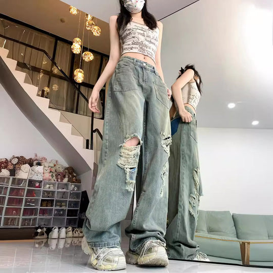Damen Weite Destroyed Jeans im Vintage-Stil mit modischen Rissdetails EB