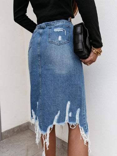 Damen Jeansrock mit ausgefransten Säumen und dekorativen Rissen EB