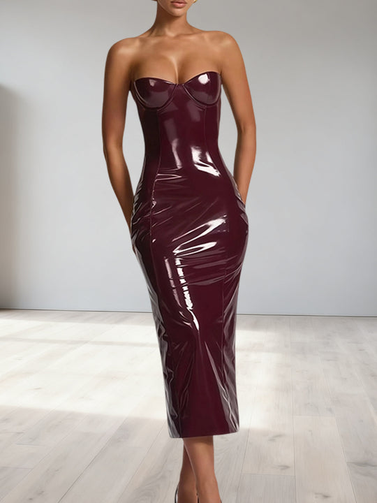 Damen Bodycon-Kleid mit trägerlosem Design und glänzender Oberfläche EB