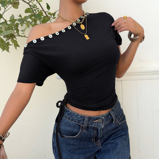 Damen Off-Shoulder Oberteil mit Rüschen und dekorativen Knöpfen EB