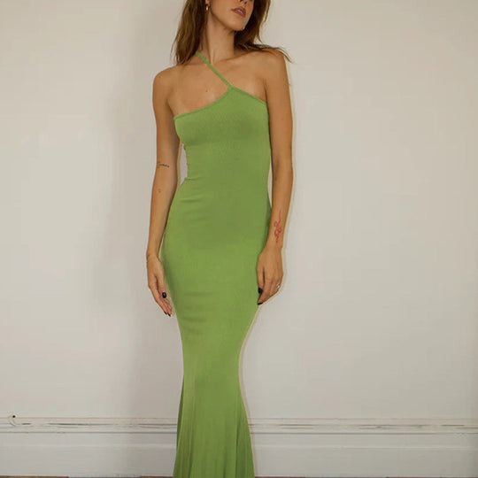 Damen elegantes Maxikleid mit asymmetrischem Träger und raffiniertem Schnitt EB