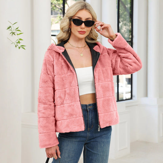 Damen Kuschelige Oversized-Fleecejacke mit Reißverschluss und Kapuze EB