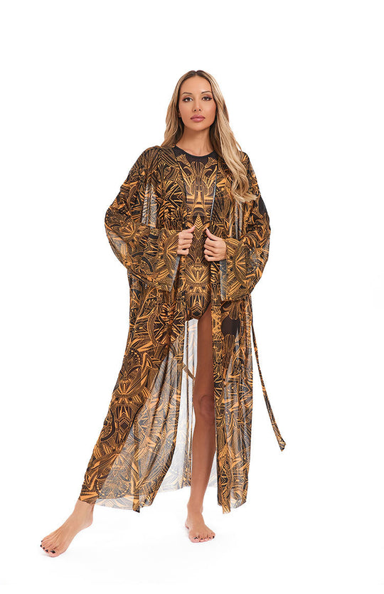 Damen eleganter transparenter Strandkimono mit floralem Design EB