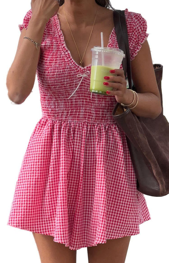 Damen Eingekräuseltes Kurzkleid mit V-Ausschnitt und Rüschendetails EB