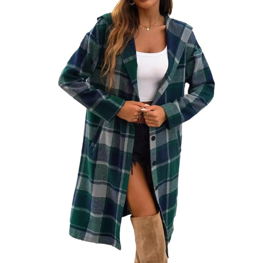 Damen Karomuster Longjacke mit Kapuze EB