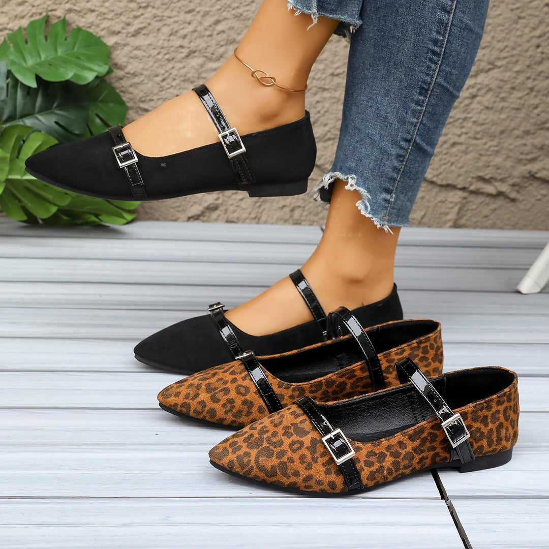 Damen  spitze Slipper im Leopardenmuster mit doppelten Lackriemen und verstellbaren Metallschnallen EB